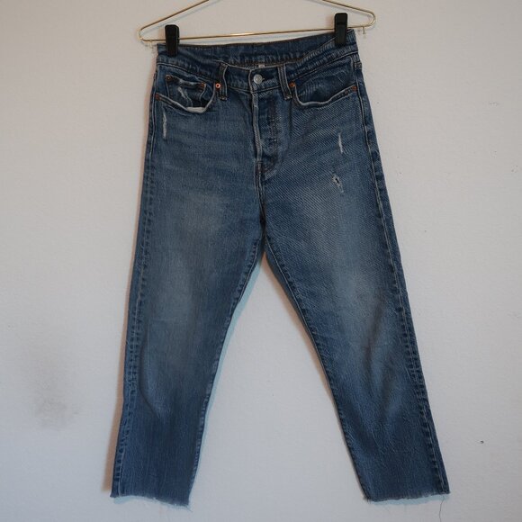 Levi's Vintage Red Tab Light Wash Distressed Straight Jeans, Size 27 Button Fly - Picture 2 of 8